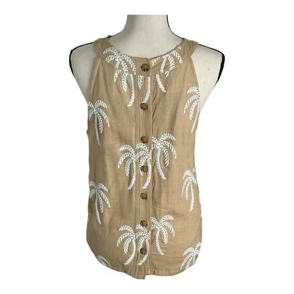 Ann Taylor Palm Embroidered Button Back Halter Tan Top, Size Large - Picture 6 of 16